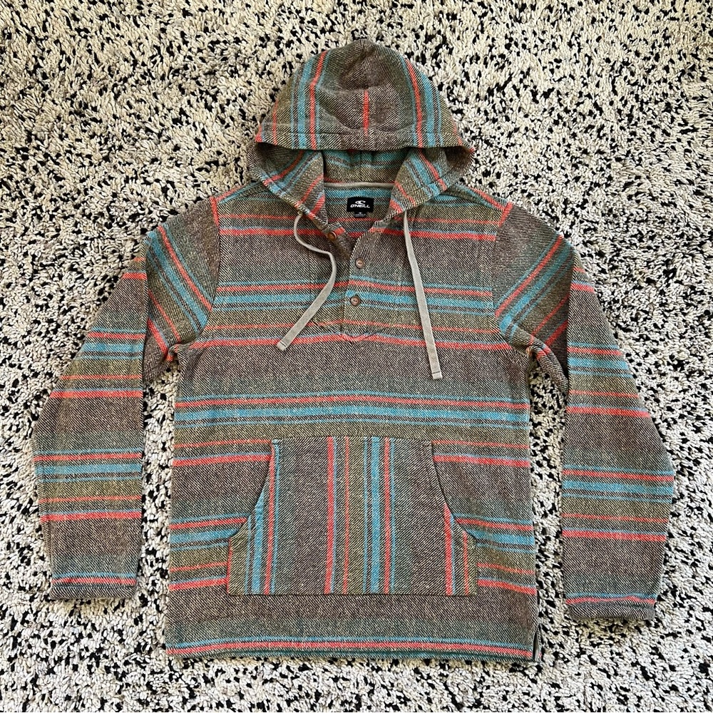 O’Neill Baja Poncho Pullover Hoodie 3-Button Striped Henley Knit Men’s Medium